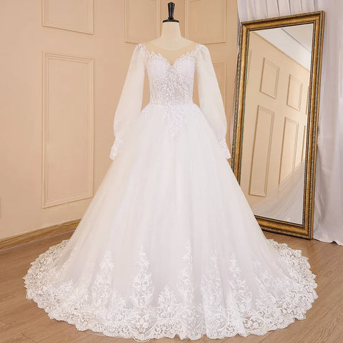 HEULORIA elegant Princess wedding dress long puff sleeve lace applique bride dress Robe De Mariee Wedding Bride Dress long train
