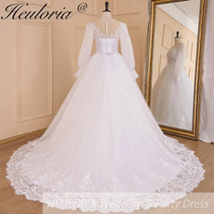 HEULORIA elegant Princess wedding dress long puff sleeve lace applique bride dress Robe De Mariee Wedding Bride Dress long train BA-624