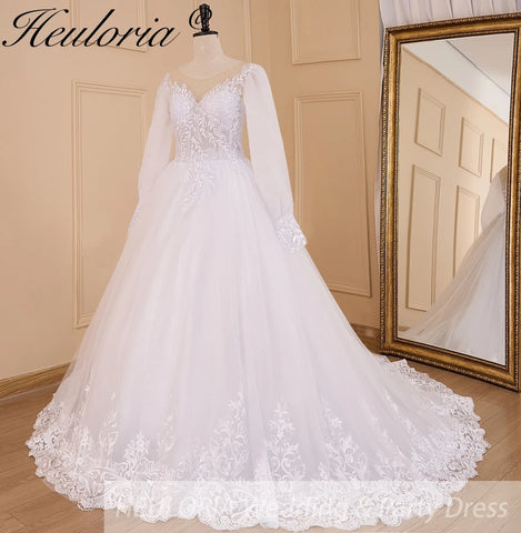 HEULORIA elegant Princess wedding dress long puff sleeve lace applique bride dress Robe De Mariee Wedding Bride Dress long train