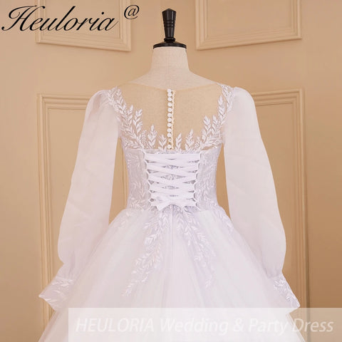 HEULORIA elegant Princess wedding dress long puff sleeve lace applique bride dress Robe De Mariee Wedding Bride Dress long train