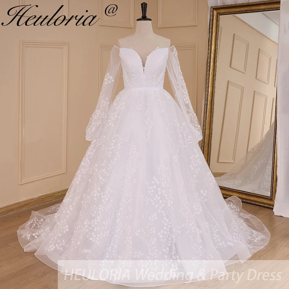 HEULORIA elegant Wedding Dress off shoulder puff sleeve A Line bride dress robe de mariee 3D floral  Bridal Gown BA-637