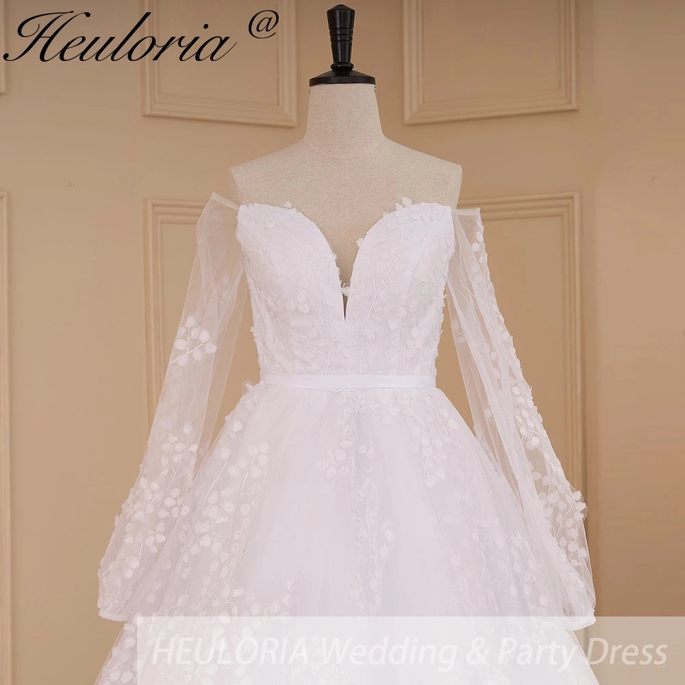 HEULORIA elegant Wedding Dress off shoulder puff sleeve A Line bride dress robe de mariee 3D floral  Bridal Gown BA-637