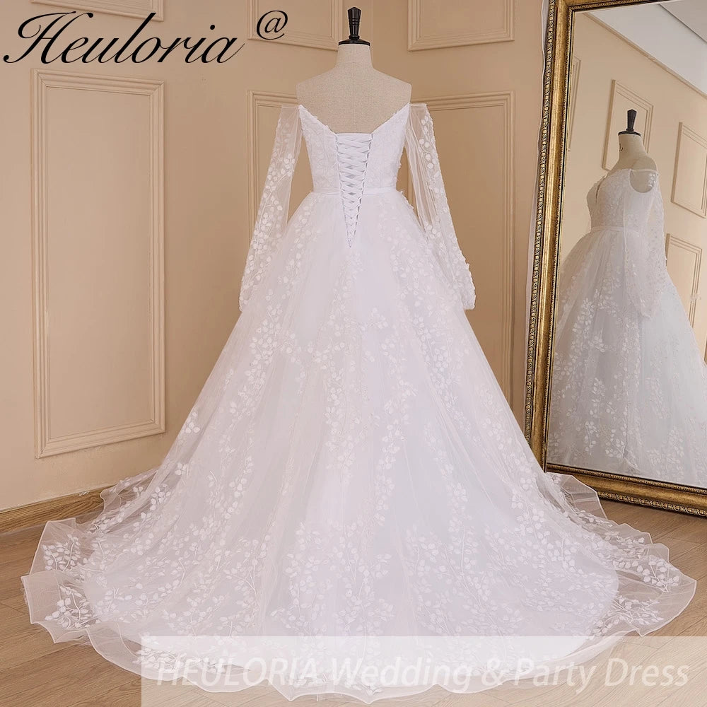 HEULORIA elegant Wedding Dress off shoulder puff sleeve A Line bride dress robe de mariee 3D floral  Bridal Gown BA-637