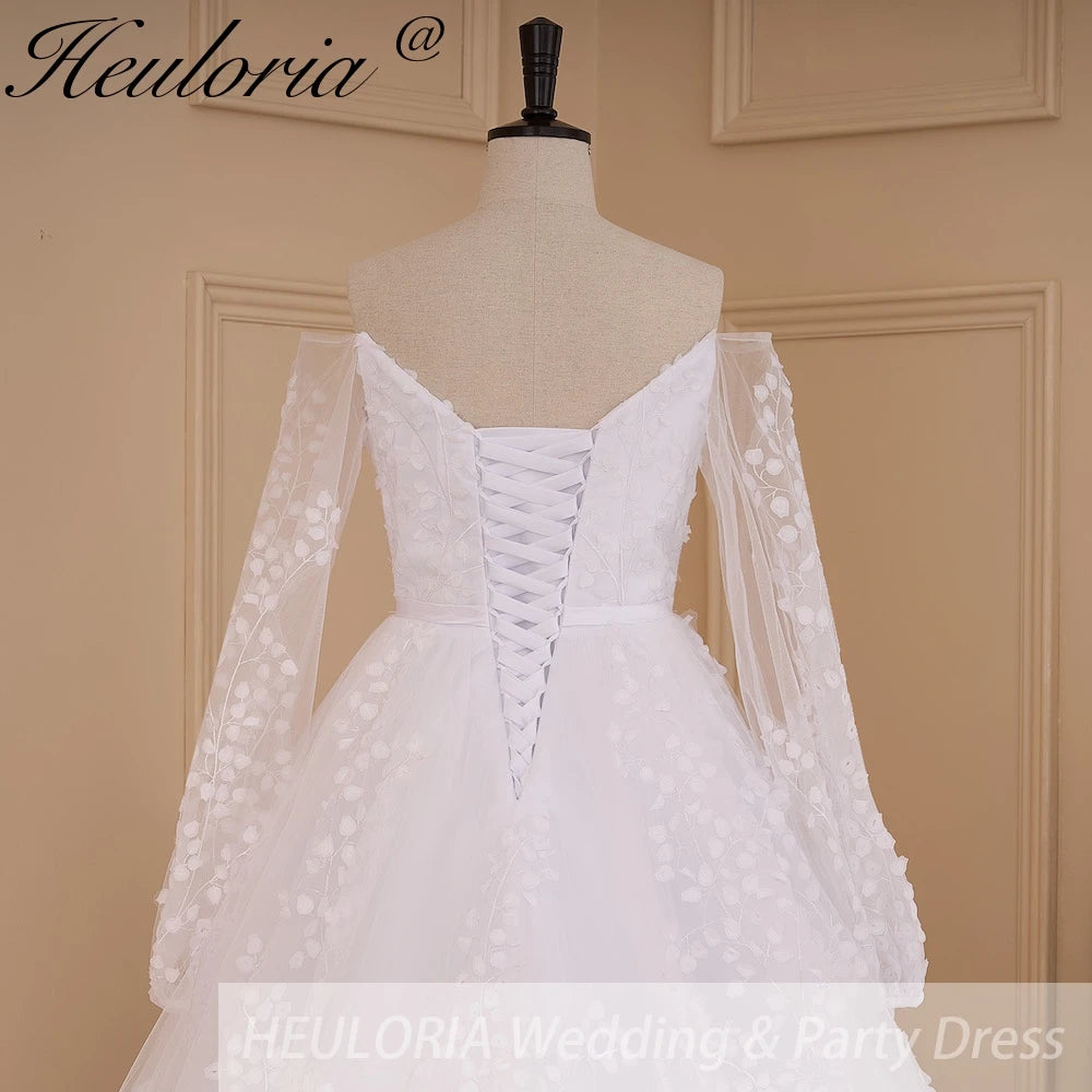 HEULORIA elegant Wedding Dress off shoulder puff sleeve A Line bride dress robe de mariee 3D floral  Bridal Gown BA-637