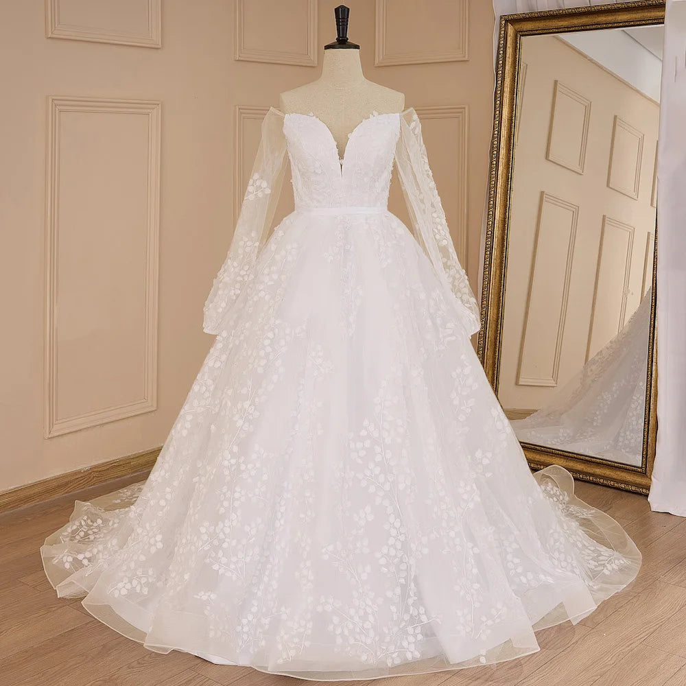 HEULORIA elegant Wedding Dress off shoulder puff sleeve A Line bride dress robe de mariee 3D floral  Bridal Gown BA-637