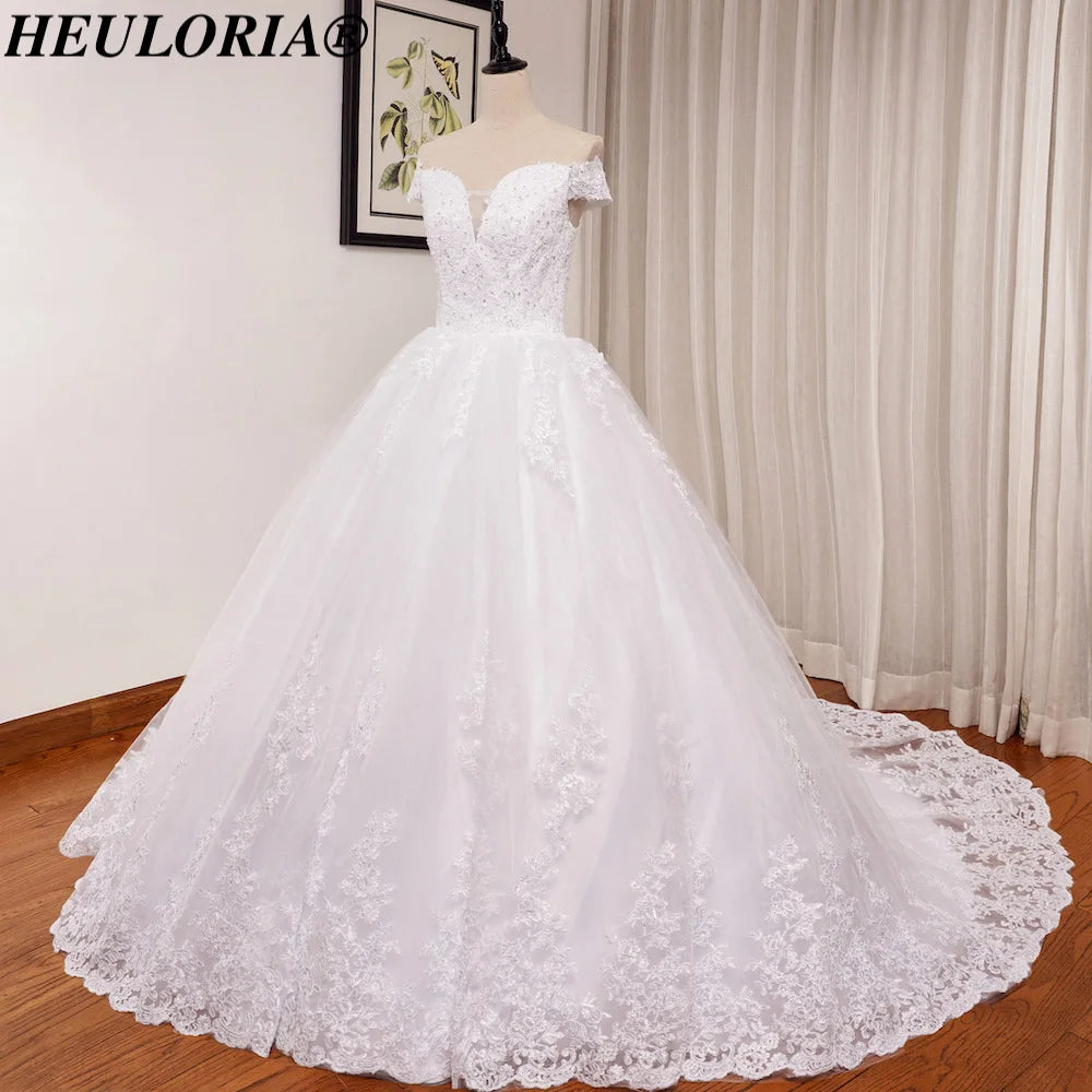 HEULORIA elegant lace wedding dress off shoulder Princess lace beading ball gown bride dress Robe De Mariee Wedding gown BA-0820