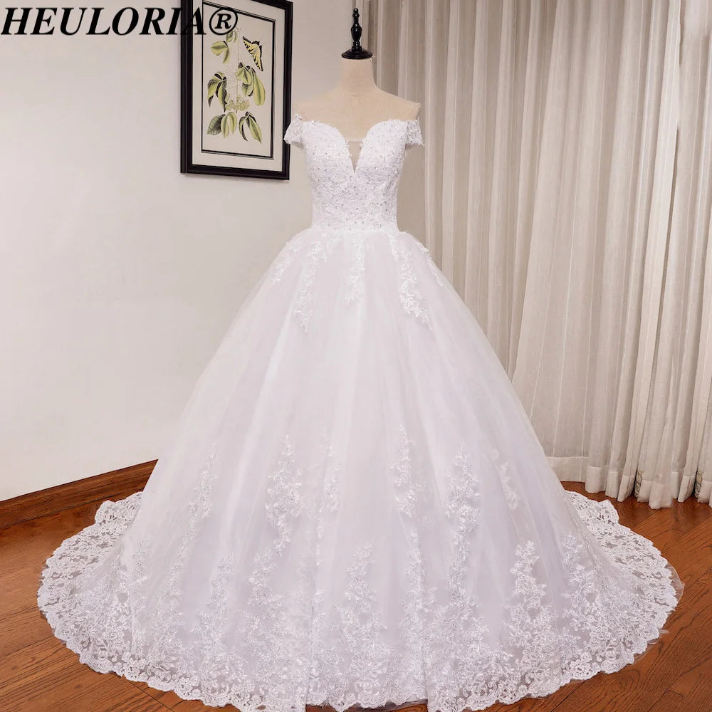 HEULORIA elegant lace wedding dress off shoulder Princess lace beading ball gown bride dress Robe De Mariee Wedding gown BA-0820