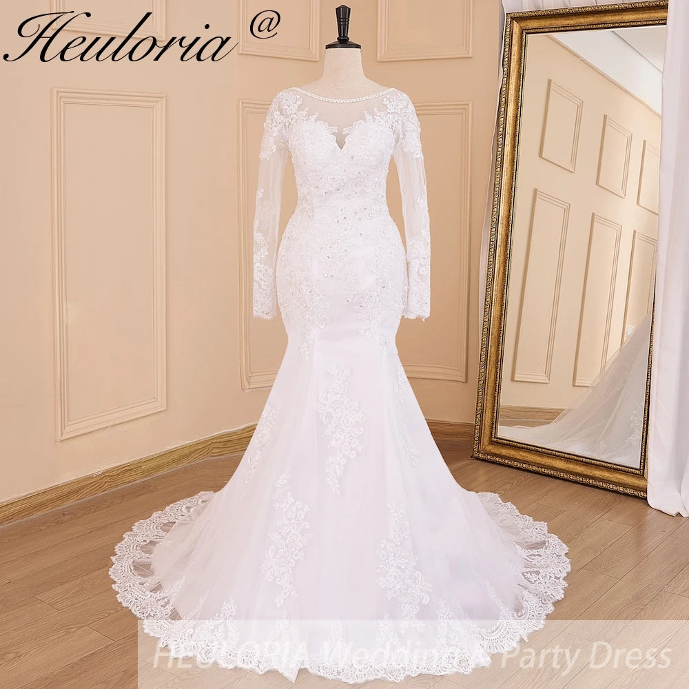 HEULORIA elegant mermaid Wedding Dresses long sleeve o neck lace beading plus size Bride Dress Robe de mariage customize ME-623
