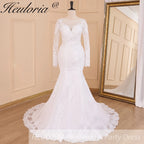 HEULORIA elegant mermaid Wedding Dresses long sleeve o neck lace beading plus size Bride Dress Robe de mariage customize ME-623
