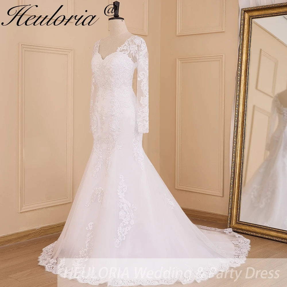 HEULORIA elegant mermaid Wedding Dresses long sleeve o neck lace beading plus size Bride Dress Robe de mariage customize ME-628