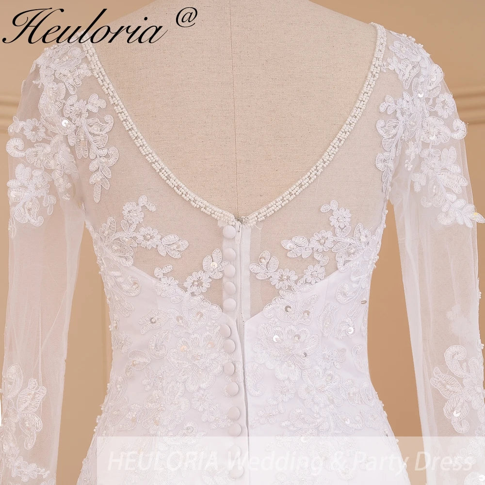 HEULORIA elegant mermaid Wedding Dresses long sleeve o neck lace beading plus size Bride Dress Robe de mariage customize ME-623