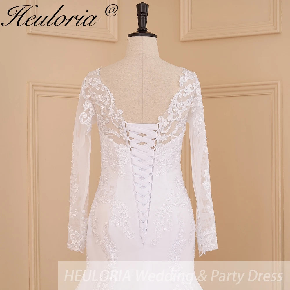 HEULORIA elegant mermaid Wedding Dresses long sleeve o neck lace beading plus size Bride Dress Robe de mariage customize ME-628