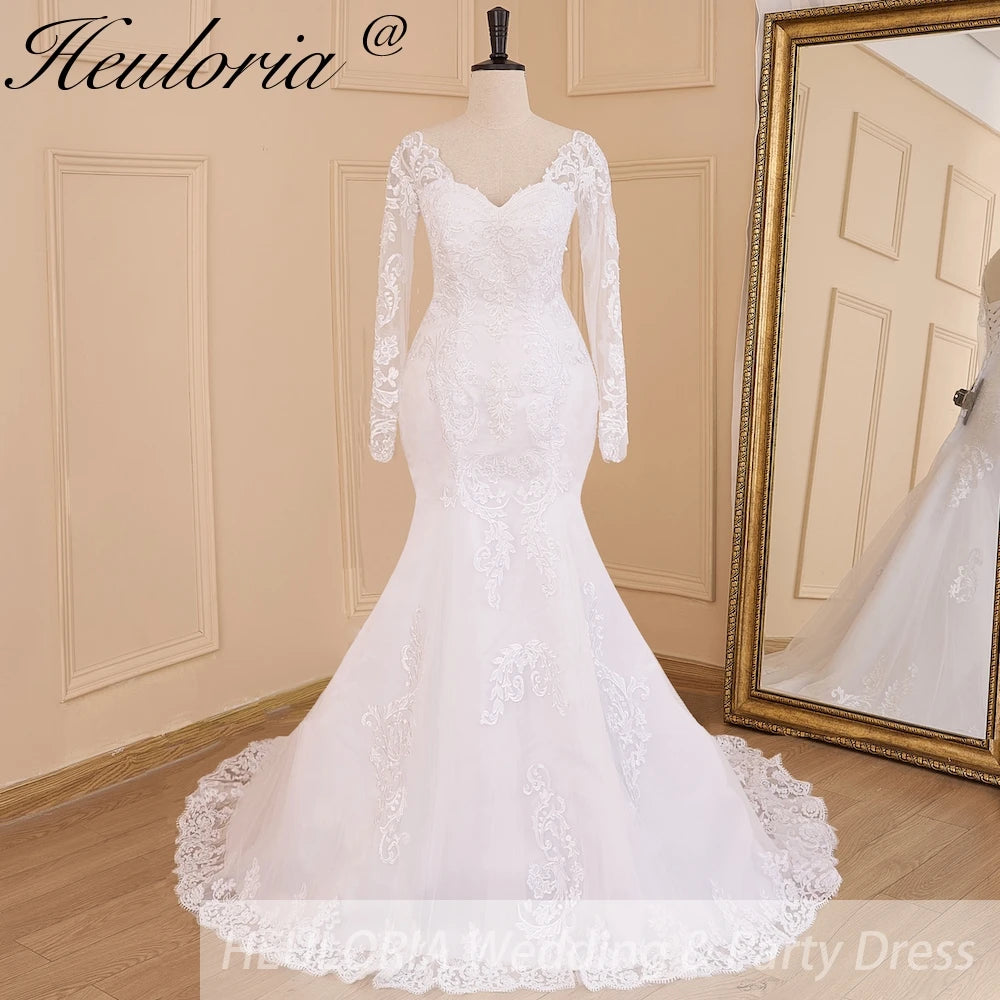 HEULORIA elegant mermaid Wedding Dresses long sleeve o neck lace beading plus size Bride Dress Robe de mariage customize ME-628 Immagine principale del prodotto