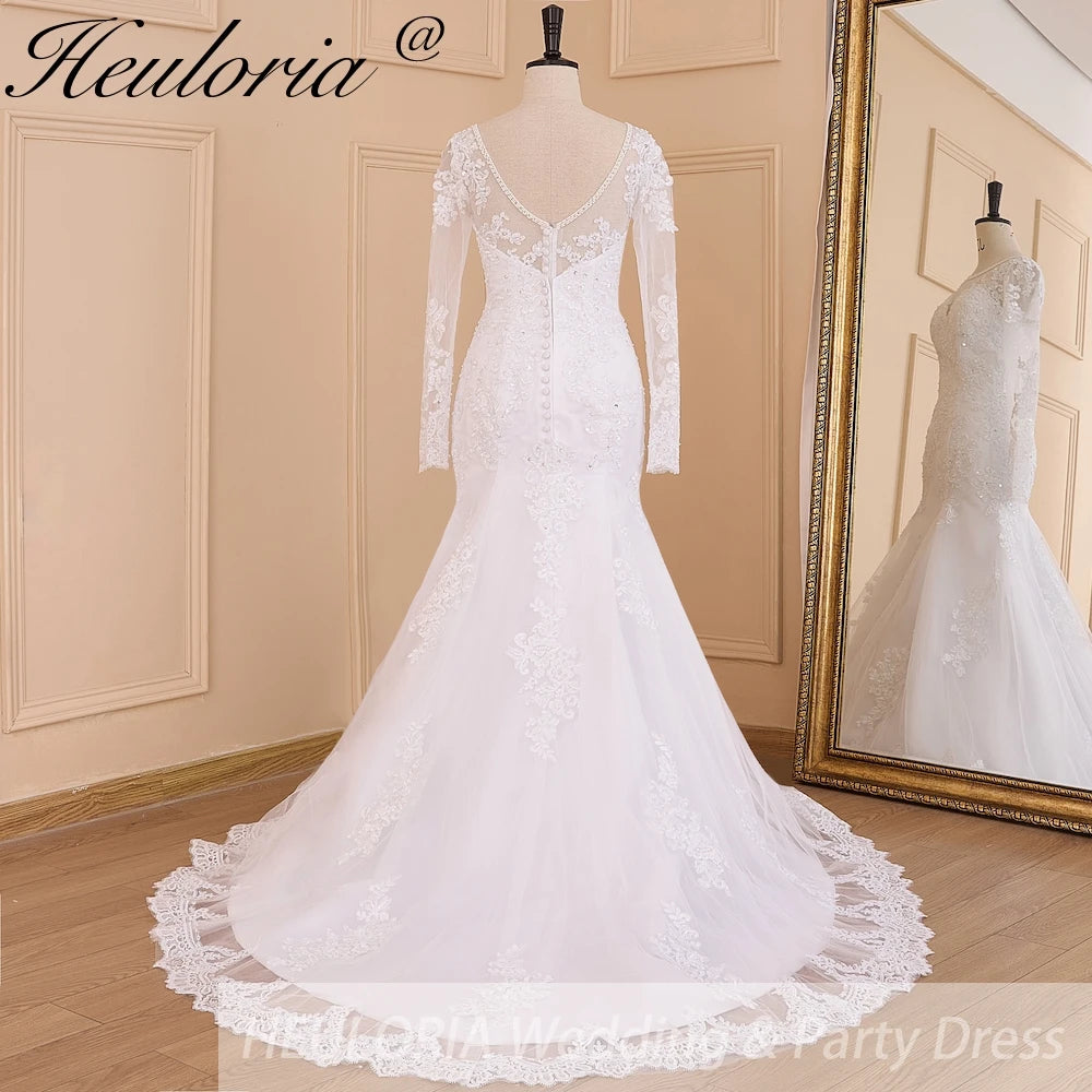 HEULORIA elegant mermaid Wedding Dresses long sleeve o neck lace beading plus size Bride Dress Robe de mariage customize ME-623