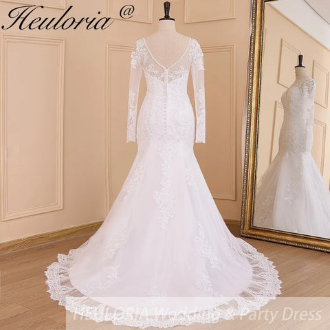 HEULORIA elegant mermaid Wedding Dresses long sleeve o neck lace beading plus size Bride Dress Robe de mariage customize