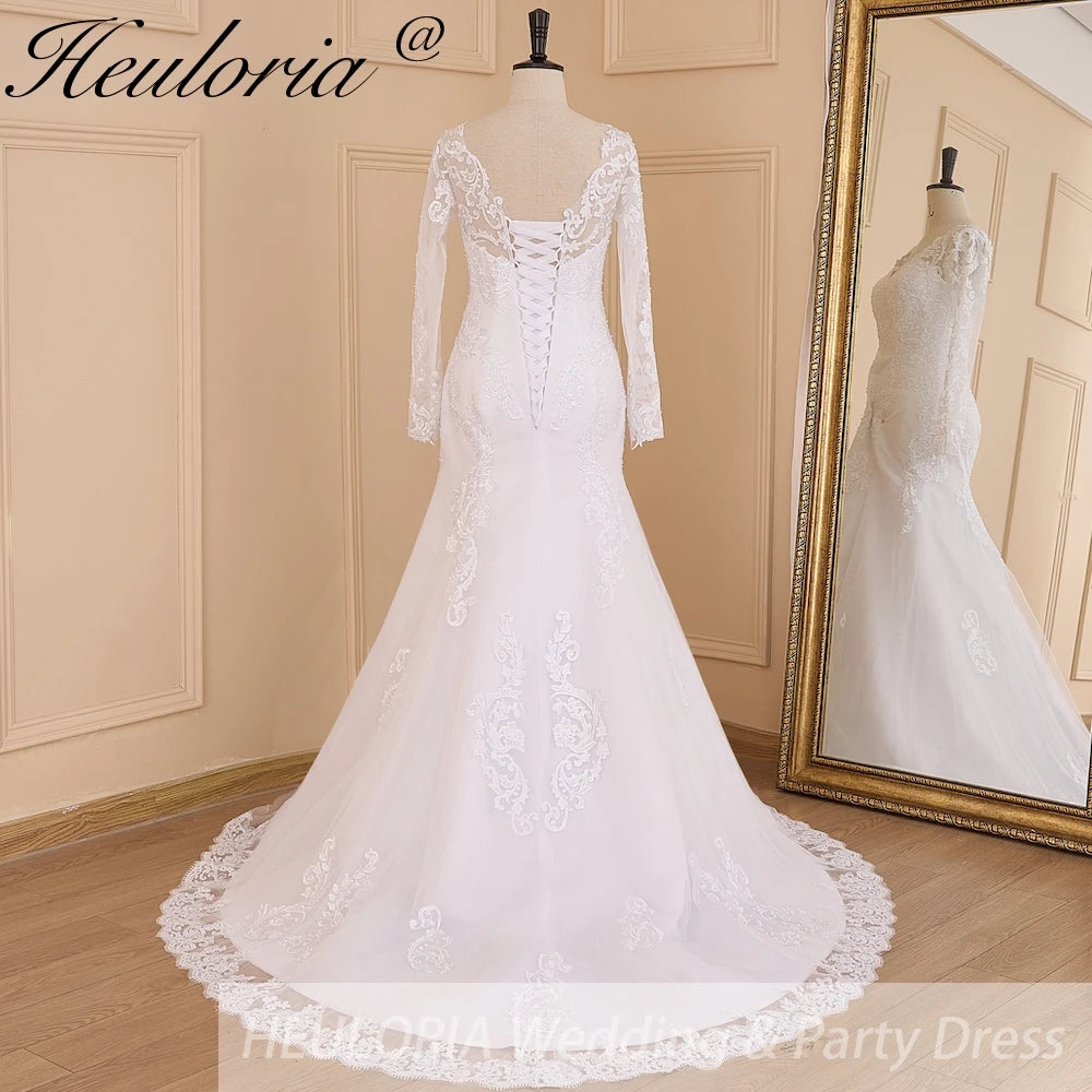 HEULORIA elegant mermaid Wedding Dresses long sleeve o neck lace beading plus size Bride Dress Robe de mariage customize ME-628
