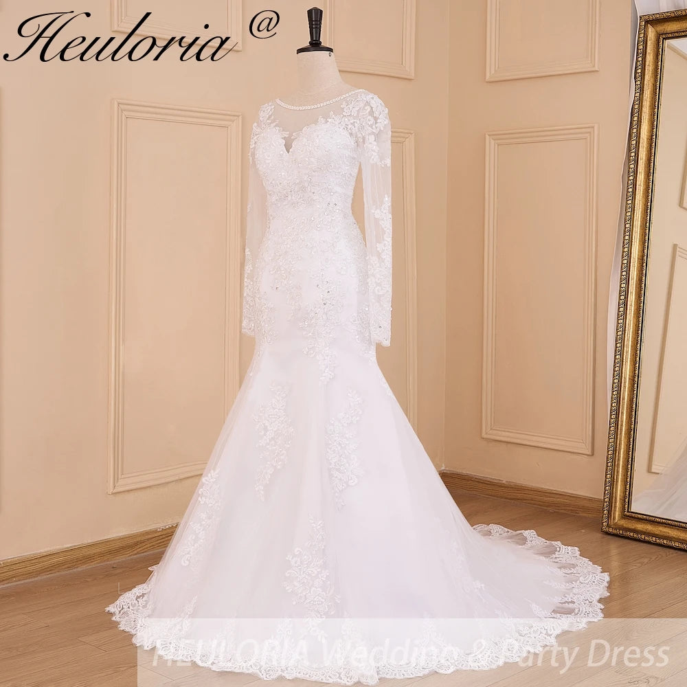 HEULORIA elegant mermaid Wedding Dresses long sleeve o neck lace beading plus size Bride Dress Robe de mariage customize ME-623