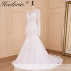 HEULORIA elegant mermaid Wedding Dresses long sleeve o neck lace beading plus size Bride Dress Robe de mariage customize ME-623