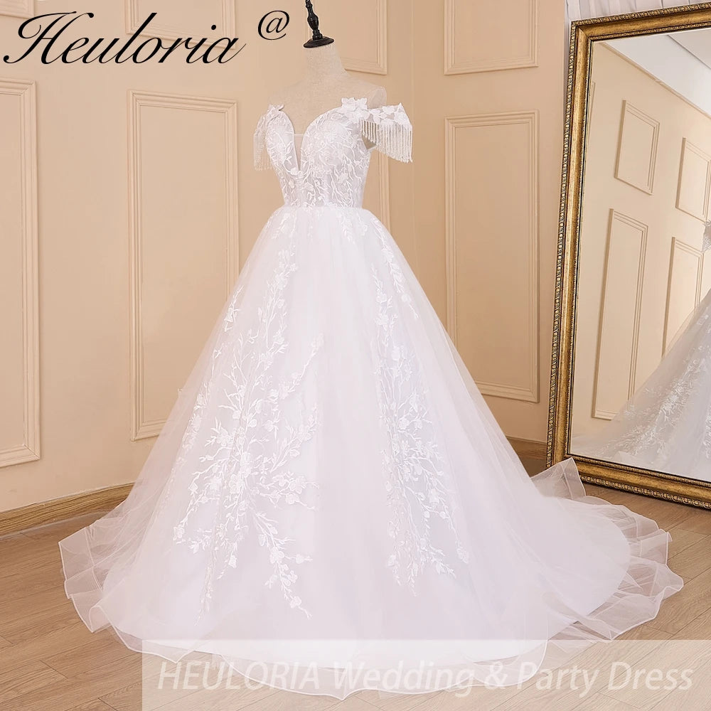 HEULORIA elegant princess wedding dress off shoulder crystal beading tissel lace up bride dress Robe De Mariee Wedding gown BA-602