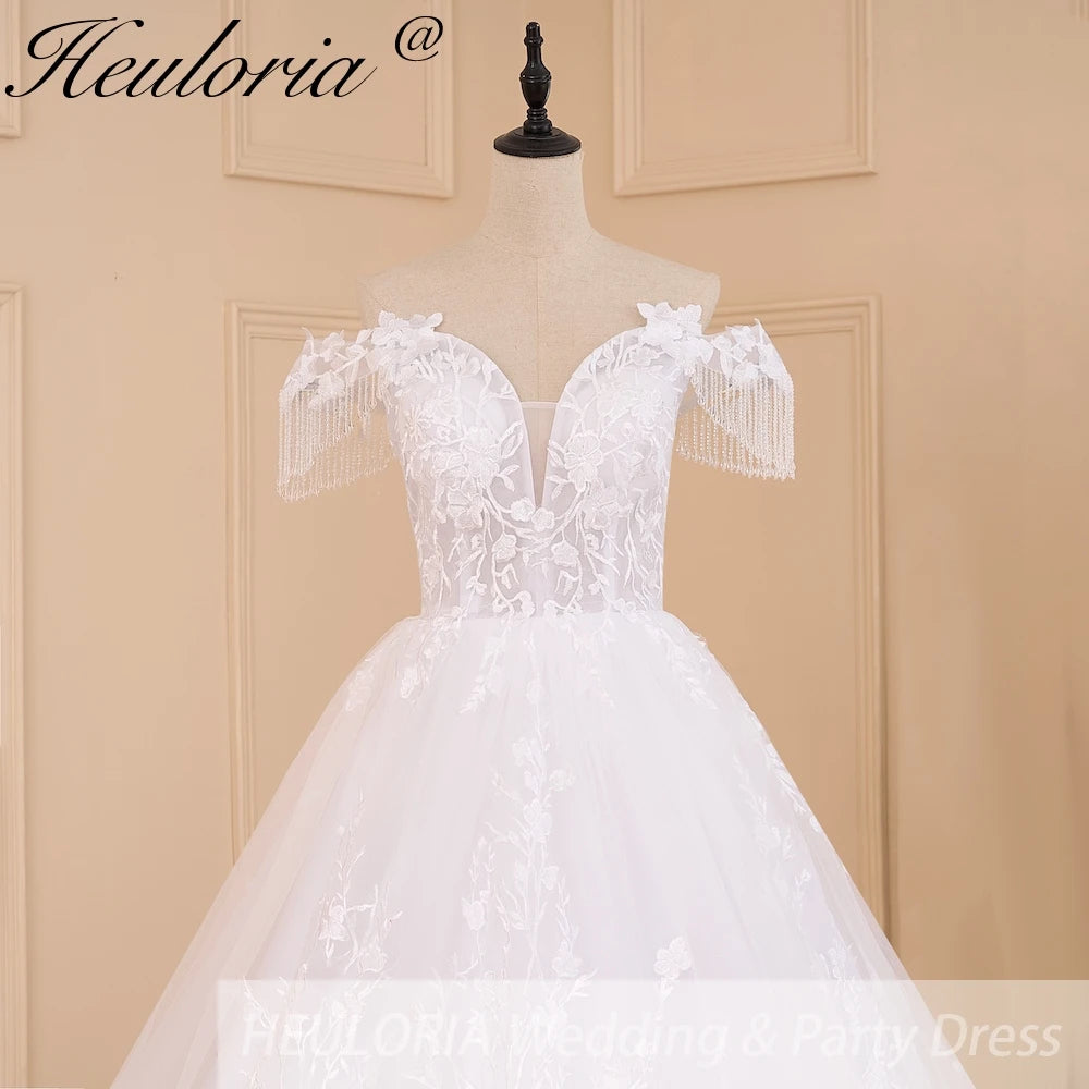 HEULORIA elegant princess wedding dress off shoulder crystal beading tissel lace up bride dress Robe De Mariee Wedding gown BA-602
