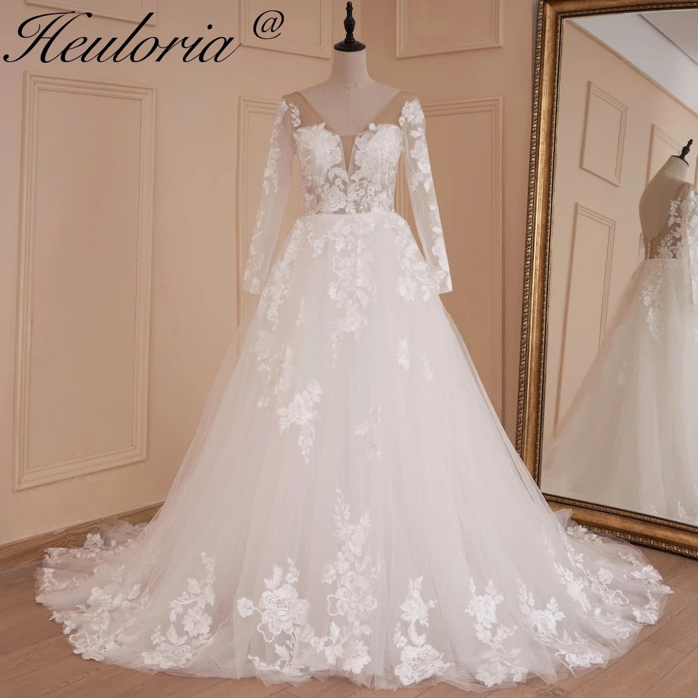 HEULORIA elegant wedding dress A line long sleeve bridal dress Robe De Mariee lace applique Wedding Bride Dress AL-554