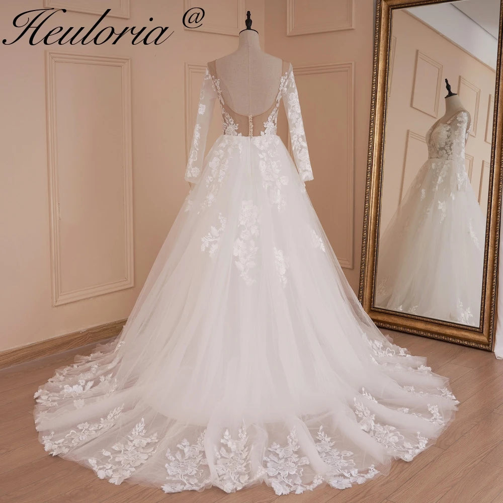 HEULORIA elegant wedding dress A line long sleeve bridal dress Robe De Mariee lace applique Wedding Bride Dress AL-554