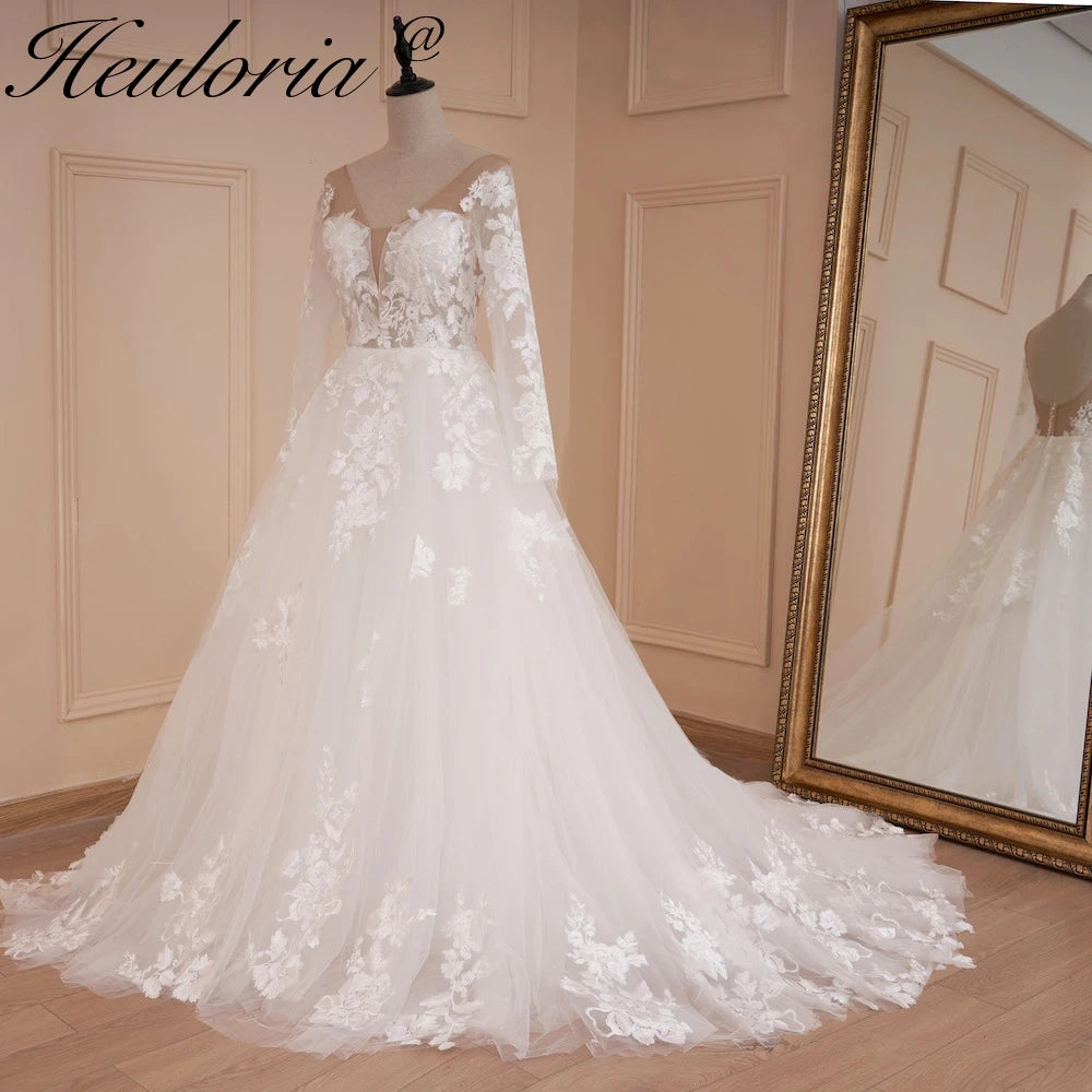 HEULORIA elegant wedding dress A line long sleeve bridal dress Robe De Mariee lace applique Wedding Bride Dress AL-554
