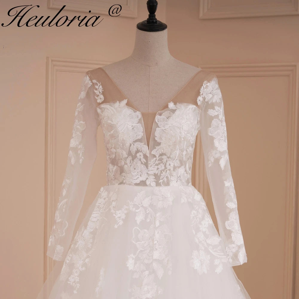 HEULORIA elegant wedding dress A line long sleeve bridal dress Robe De Mariee lace applique Wedding Bride Dress AL-554