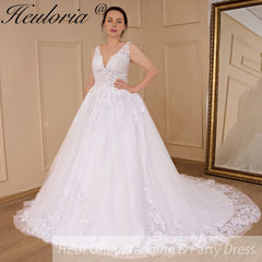 HEULORIA elegant wedding dress V neck lace applique A Line bridal dress Robe De Mariee Wedding Bride Dress AL-560A