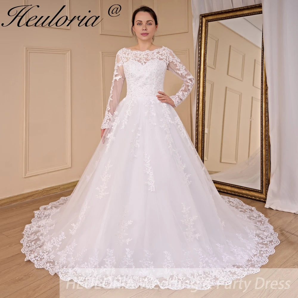 HEULORIA long sleeve round neck lace beading wedding dress plus size lace princess ball gown wedding dress BA-788