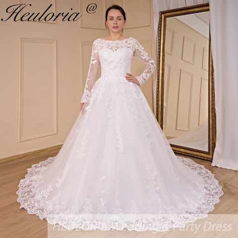 HEULORIA long sleeve round neck lace beading wedding dress plus size lace princess ball gown wedding dress