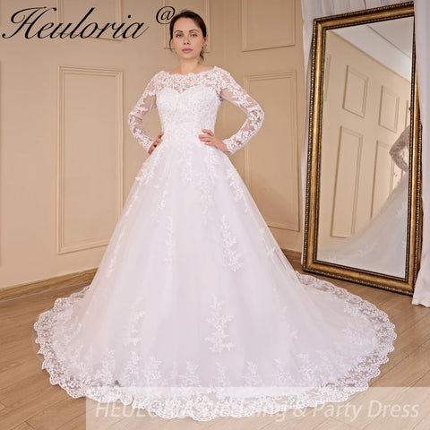 HEULORIA long sleeve round neck lace beading wedding dress plus size lace princess ball gown wedding dress