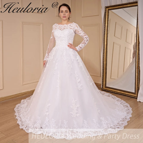 HEULORIA long sleeve round neck lace beading wedding dress plus size lace princess ball gown wedding dress