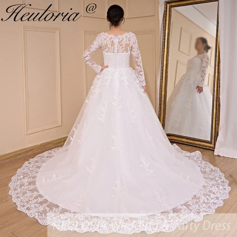 HEULORIA long sleeve round neck lace beading wedding dress plus size lace princess ball gown wedding dress