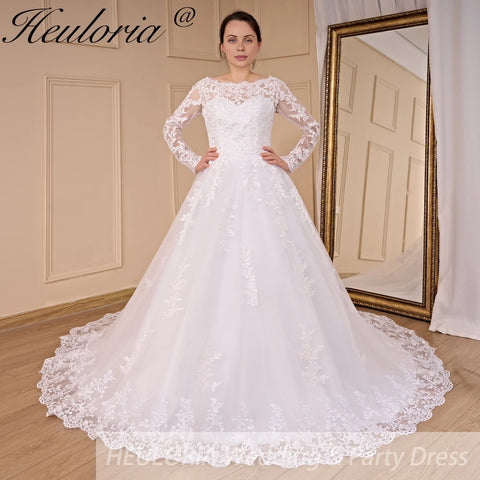 HEULORIA long sleeve round neck lace beading wedding dress plus size lace princess ball gown wedding dress