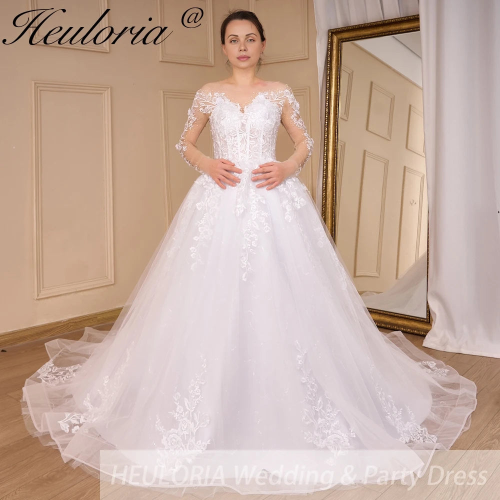 HEULORIA long sleeve sweetheart lace beading wedding dress plus size shinny lace princess ball gown wedding dress AL-QK790