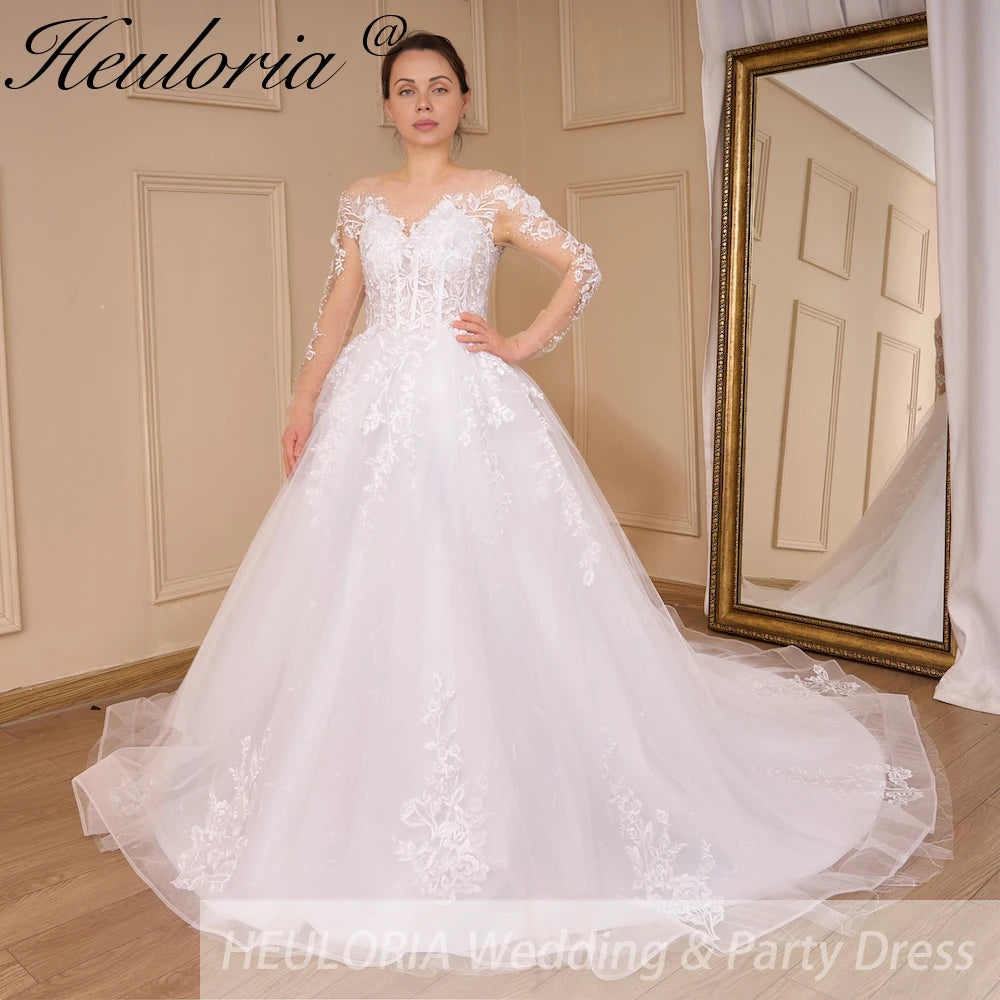 HEULORIA long sleeve sweetheart lace beading wedding dress plus size shinny lace princess ball gown wedding dress AL-QK790