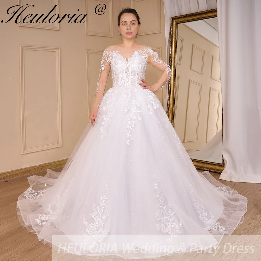 HEULORIA long sleeve sweetheart lace beading wedding dress plus size shinny lace princess ball gown wedding dress AL-QK790