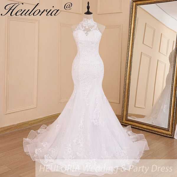 HEULORIA vestido de novia sirena cuello alto encaje vestido de novia con cuentas tren largo bata de boda 
