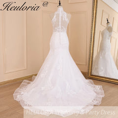 HEULORIA Robe de mariée sirène col haut dentelle perles Robe de mariée longue train Robe de mariage 