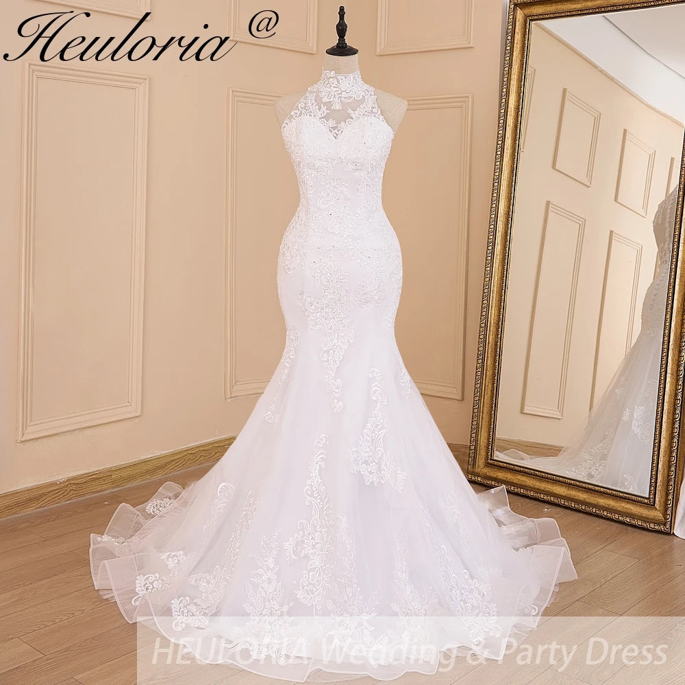 HEULORIA Robe de mariée sirène col haut dentelle perles Robe de mariée longue train Robe de mariage 