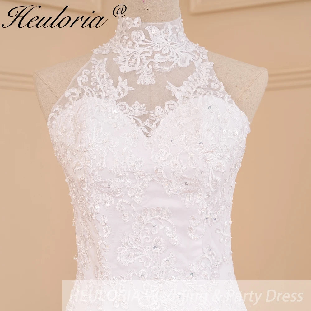 HEULORIA mermaid wedding dress high neck lace beading bride dress long train Robe de mariage ME-605