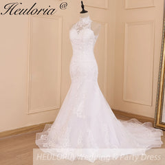 HEULORIA Robe de mariée sirène col haut dentelle perles Robe de mariée longue train Robe de mariage 