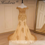 HEULORIA mermaid evening dress off shoulder lace beading wedding party dress long train formal prom dress ME-646