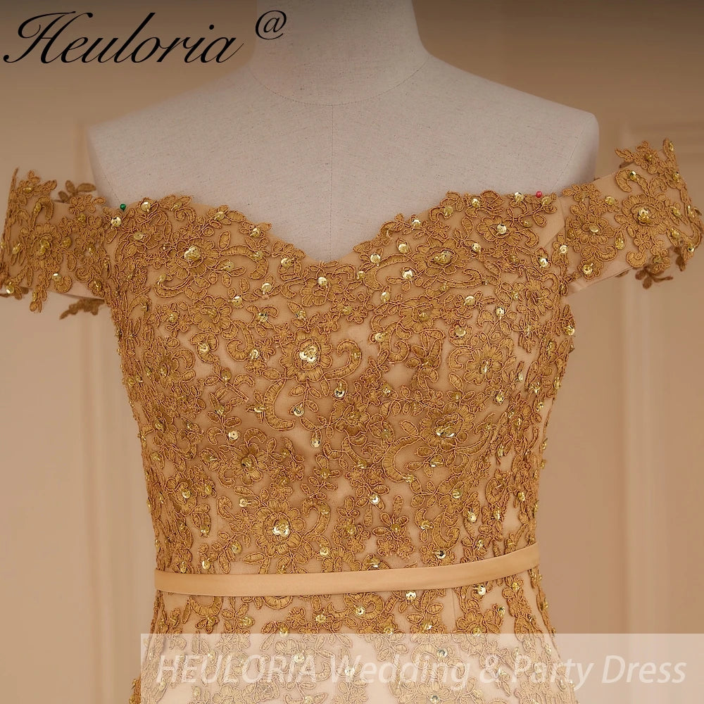 HEULORIA mermaid evening dress off shoulder lace beading wedding party dress long train formal prom dress ME-646