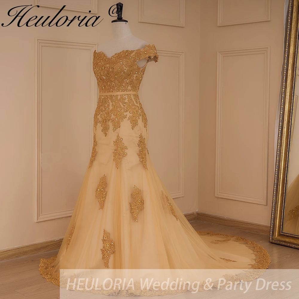 HEULORIA mermaid evening dress off shoulder lace beading wedding party dress long train formal prom dress ME-646