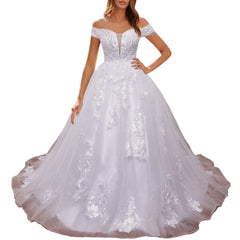 HEULORIA off shoulder lace beading princess ball gown wedding dress plus size shinny skirt bridal dress BA-1214
