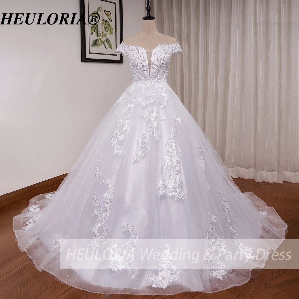 HEULORIA off shoulder lace beading princess ball gown wedding dress plus size shinny skirt bridal dress BA-1214