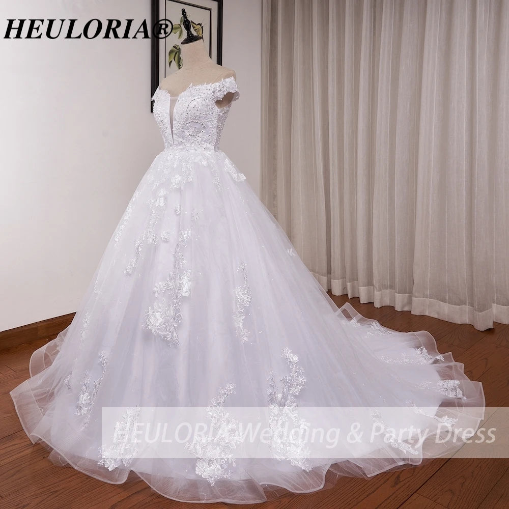 HEULORIA off shoulder lace beading princess ball gown wedding dress plus size shinny skirt bridal dress BA-1214