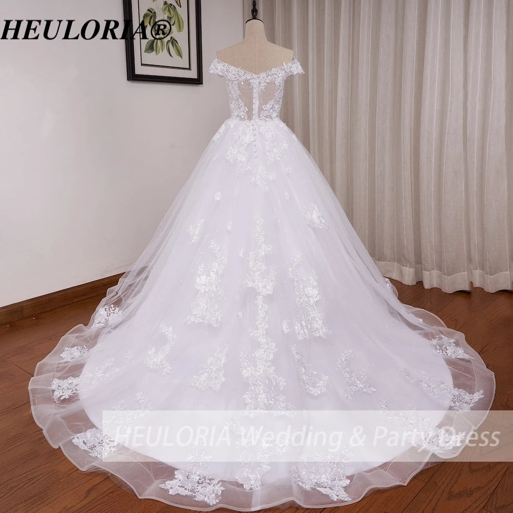 HEULORIA off shoulder lace beading princess ball gown wedding dress plus size shinny skirt bridal dress BA-1214